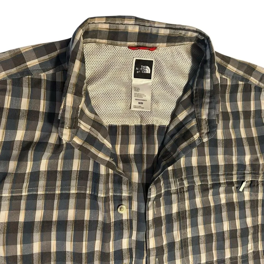 North Face Button Front Shirt Mens Size MED Short Sleeve Blue Gray Plaid Outdoor
